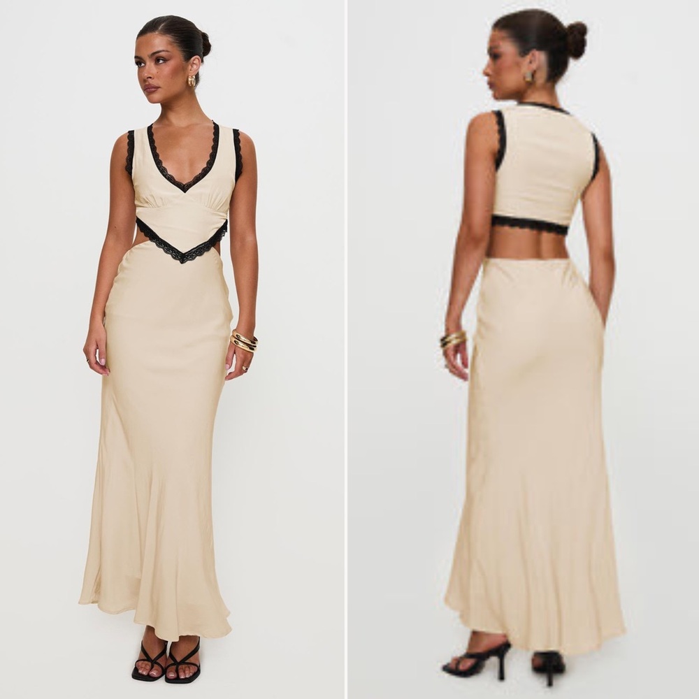 Princess Polly Keila Lace Trim Maxi Dress in Cream and Black Sz 2 NEW